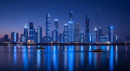 Naklejka premium Nighttime cityscape reflecting in the water with a dark blue color palette