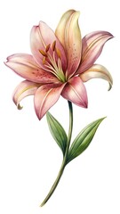 Obraz premium Elegant Watercolor Painting of a Pink Lily Flower with Green Leaves