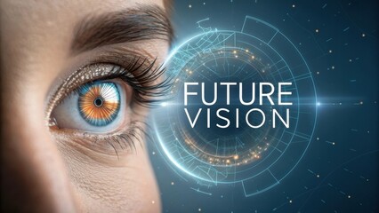 Close up of a human eye with futuristic digital interface and future vision text