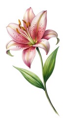 Fototapeta premium Delicate watercolor painting of a stargazer lily with detailed petals and leaves