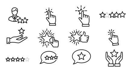 Collection of various line art icons representing ratings, reviews, and feedback concepts.