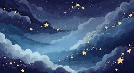A beautiful illustration of a night sky filled with fluffy clouds and twinkling stars, creating a serene and dreamy atmosphere.