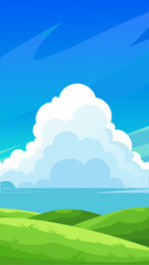 Obraz premium Vibrant cartoon landscape with rolling green hills and a large fluffy cloud under a bright blue sky