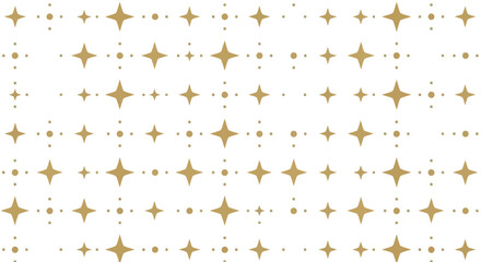 Seamless geometric pattern of golden four-pointed stars and dots on a white background.
