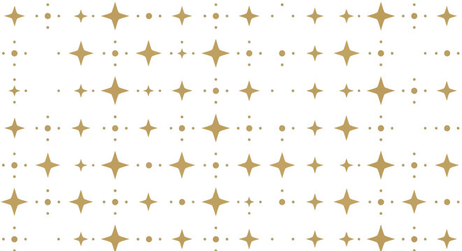 Seamless geometric pattern of golden four-pointed stars and dots on a white background.