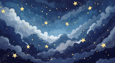 Illustration of a night sky with stars and clouds, creating a dreamy and celestial atmosphere.