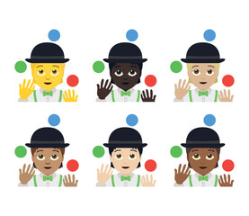 juggler person entertainer entertainment circus clown fun joy bowler hat juggling balls emoji symbol sign icon vector illustration isolated flat non-binary