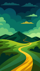 Obraz premium Stylized landscape with a winding yellow path through green hills under a dramatic sky