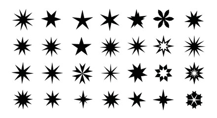 Collection of various star shapes, featuring different designs and point counts, all in black.