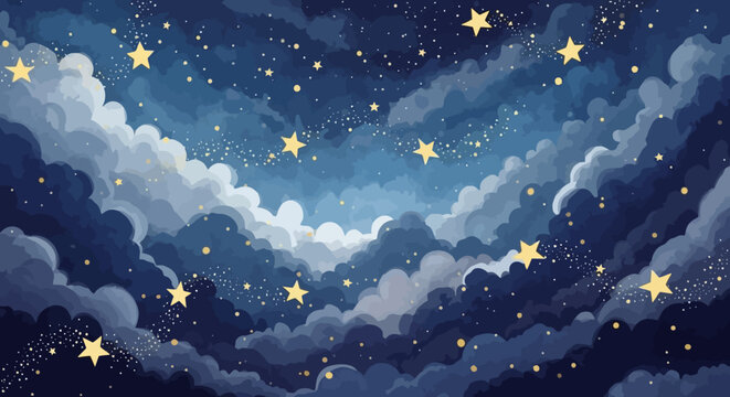 Illustration of a night sky with stars and clouds, creating a dreamy and celestial atmosphere.