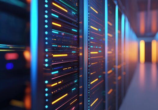 Futuristic IT data center with colorful LED lights and modern server racks, ideal for technology presentations, AI network visuals, and cloud infrastructure concepts