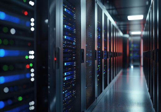 Modern IT data center with glowing server racks and metallic corridor lighting, perfect for technology backgrounds, cloud network visuals, and AI infrastructure concepts