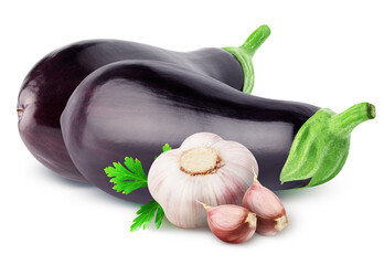 Two fresh eggplants and garlic with two segments isolated on white background