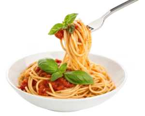 Spaghetti with tomato sauce and basil isolated on transparent background being served
