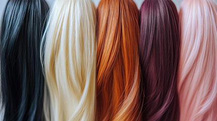 Naklejka premium Discover your perfect shade vibrant hair strands showcase diverse colors from blonde to black and rich auburn to soft rose
