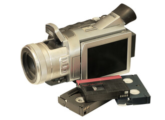 dusty old digital video camera and digital video cassettes , mini dv tapes ,isolated on transparent background