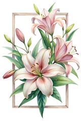 Naklejka premium Watercolor Painting of Pink Lilies in a Wooden Frame with Green Leaves