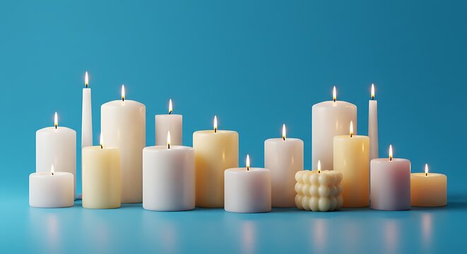 Lit candles of various sizes and colors on blue backdrop for decoration