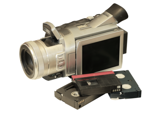 dusty old digital video camera and digital video cassettes , mini dv tapes ,isolated on transparent background