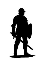 Knight silhouette holding sword and shield in an upright position  