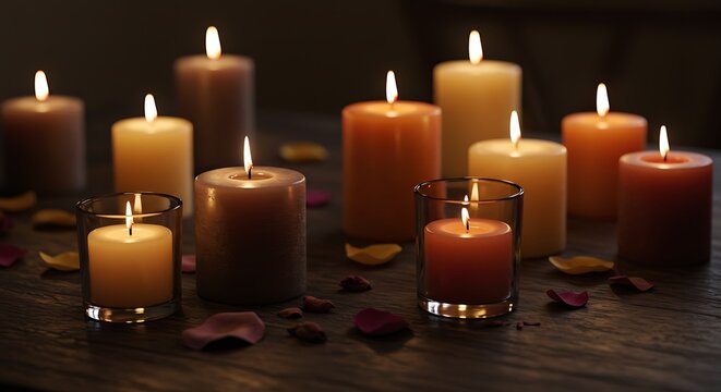 Lit candles on tabletop warm glow and romantic ambiance