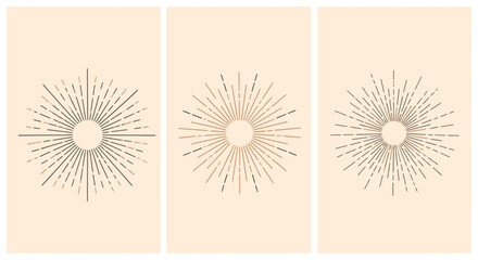 A collection of three minimalist sunburst illustrations in a vintage, bohemian style.