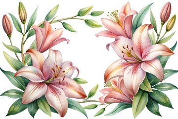 Fototapeta premium Watercolor Pink Lilies Frame Illustration with Green Leaves and Floral Accents