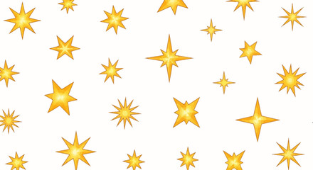 A pattern of golden stars of various sizes and shapes on a white background.