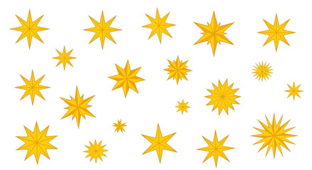 A diverse collection of decorative golden yellow stars in various sizes and shapes isolated on a white background.