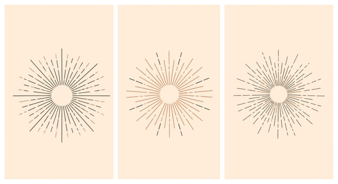 A collection of three minimalist sunburst illustrations in a vintage, bohemian style.