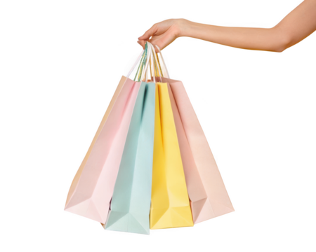 Arm holding colorful shopping bags isolated on transparent background