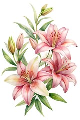 Naklejka premium Elegant watercolor illustration of blooming pink lilies with green leaves and buds