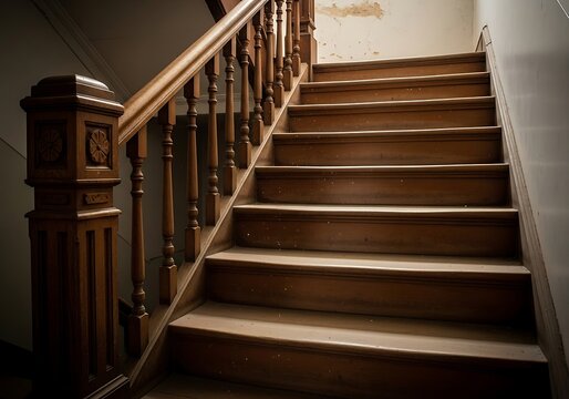 Elegant wooden staircase with carved railing in a vintage building