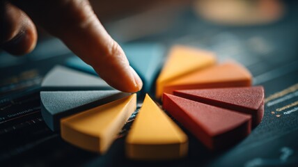 digital marketing content personalization. A hand interacts with colorful pie chart segments on a dark surface.