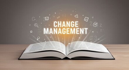 Open book with change management text and abstract icons