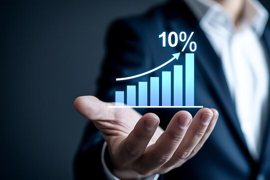 Business strategy concept. Businessman Investor, or Trader analyzing sales data and economic bar graph chart with percentage symbols for stock investments, business growth profit. Digital marketing