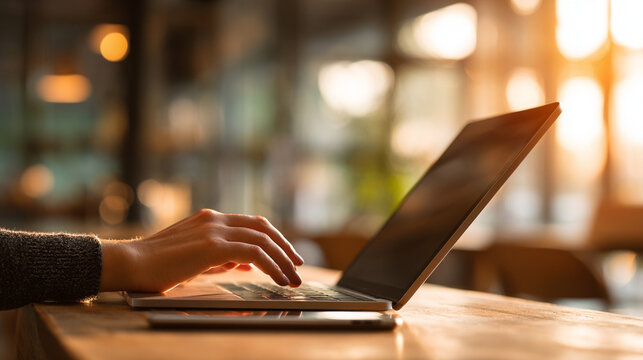 Closeup of a businesswoman’s hand using a digital tablet and laptop computer in a modern office. Represents online work, multitasking, remote business, and professional digital communication.