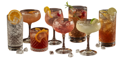 Array of Cocktails: A collection of exquisite cocktails, each adorned with a unique garnish and served in elegant glassware, evokes the ambiance of a refined social gathering.