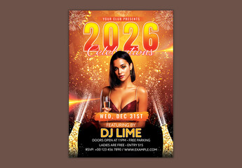 Editable 2026 New Year’s Eve Party Flyer with Event Details in Black and Golden Theme.