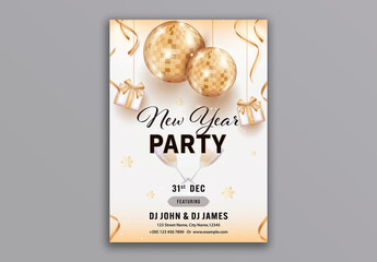 Editable Happy New Year Party Flyer Template,  Event Details and Golden Ball and Gifts. 