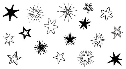 A collection of various hand-drawn star doodles in black ink on a white background, showing different styles like solid, outline, and sparkling.