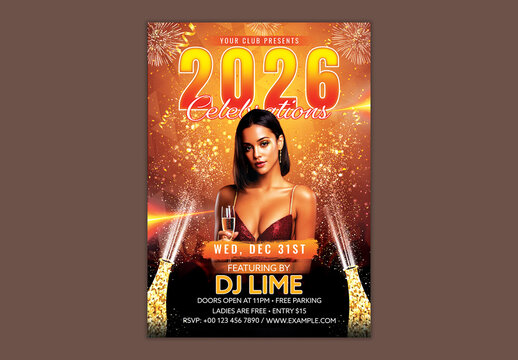 Editable 2026 New Year&rsquo;s Eve Party Flyer with Event Details, Champagne Bottles and Young Party Girl. 