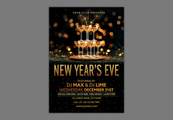 Editable New Year&rsquo;s Eve Party Flyer Template with Champagne Glasses Event Details in Black Theme.