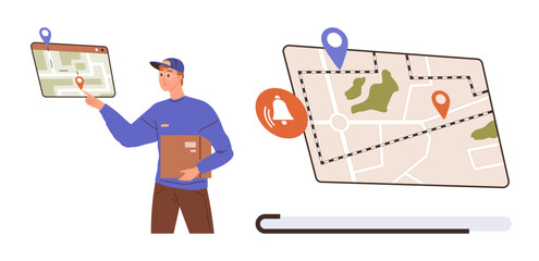 Delivery person holding a package monitors route on a digital map with GPS locations, notification bell, and progress bar. Ideal for logistics, e-commerce, delivery updates, package tracking