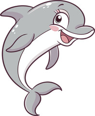 Naklejka premium A colorful vector illustration of a dolphin and a shark swimming in the blue ocean water with marine life silhouettes