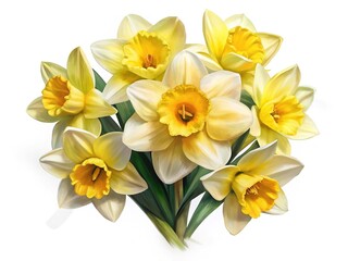 Naklejka premium Beautiful spring bouquet of seven vibrant yellow daffodil flowers on white