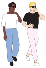 Two Gay men walking together with sunglasses and a coffee cup - Lovers illustration svg vector