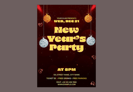 Editable New Year&rsquo;s Eve Party Flyer or Poster with Golden and Silver Balls. 