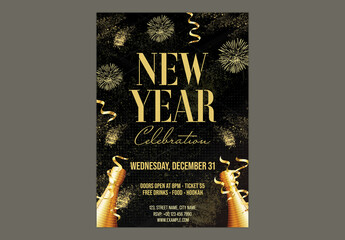 Editable New Year&rsquo;s Eve Party Flyer Template, Event Details with Fireworks and Champagne Bottles. 