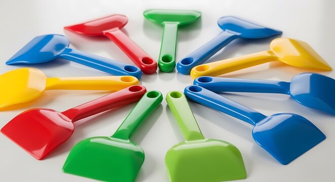 Radiant arrangement of vibrant toy shovels, childhood joy in spectrum hue
